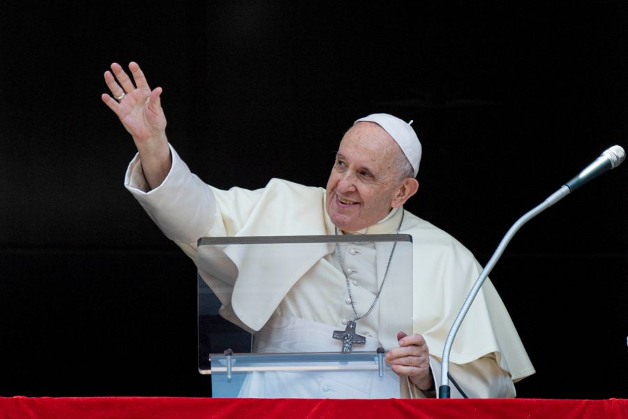 Pope Francis greets pilgrims at this Angelus address on Aug. 22. Pope Francis greets pilgrims at this Angelus address on Aug. 22.