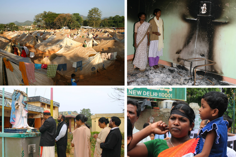 (Clockwise from L-R) The sprawling refugee camp at a football field in Raikia, Kandhamal in 2008 taken after four months into the violence. (T-R) SisterAnjali Nayak inside their burnt Mount Carmel convent chapel. (B-L) Cardinal Telesphore Toppo, then CBCI president, praying before the desecrated Marian statue at the Mount Carmel convent in Balliguda. (B-R) Widowed Kanakrekha Nayak at a protest in New in Delhi in Aug 2010 marking the second anniversary of Kandhamal. (Clockwise from L-R) The sprawling refugee camp at a football field in Raikia, Kandhamal in 2008 taken after four months into the violence. (T-R) SisterAnjali Nayak inside their burnt Mount Carmel convent chapel. (B-L) Cardinal Telesphore Toppo, then CBCI president, praying before the desecrated Marian statue at the Mount Carmel convent in Balliguda. (B-R) Widowed Kanakrekha Nayak at a protest in New in Delhi in Aug 2010 marking the second anniversary of Kandhamal.