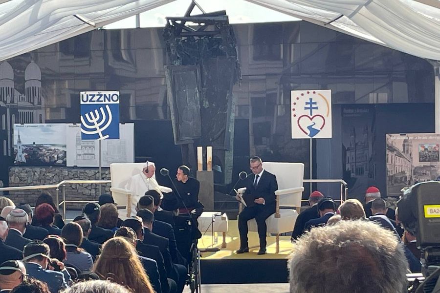 Pope Francis attends a meeting with the Jewish community in Rybné Square in Bratislava, Slovakia, on Sept. 13. Pope Francis attends a meeting with the Jewish community in Rybné Square in Bratislava, Slovakia, on Sept. 13.