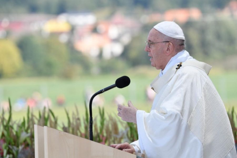 Pope Francis celebrates Mass on the esplanade of the National Shrine in Šaštin, Slovakia, Sept. 15, 2021. Pope Francis celebrates Mass on the esplanade of the National Shrine in Šaštin, Slovakia, Sept. 15, 2021.
