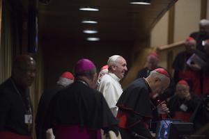 Pope Francis inside the Synod hall during meetings on the Synod on the Family in Vatican City on October 21, 2015. Pope Francis inside the Synod hall during meetings on the Synod on the Family in Vatican City on October 21, 2015.