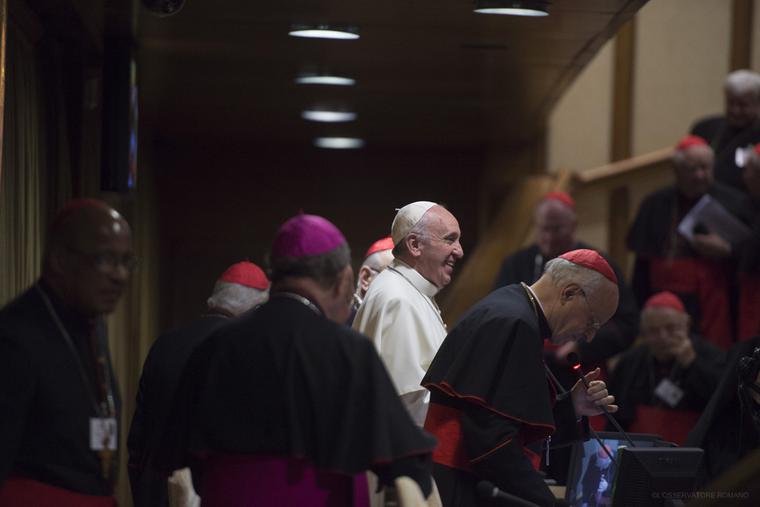 Pope Francis inside the Synod hall during meetings on the Synod on the Family in Vatican City on October 21, 2015. Pope Francis inside the Synod hall during meetings on the Synod on the Family in Vatican City on October 21, 2015.