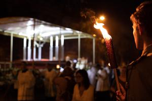 Pilgrims at the 52 International Eucharistic Congress participate in a candlelight procession and adoration Sep. 11 in Budapest, Hungary. Pilgrims at the 52 International Eucharistic Congress participate in a candlelight procession and adoration Sep. 11 in Budapest, Hungary.