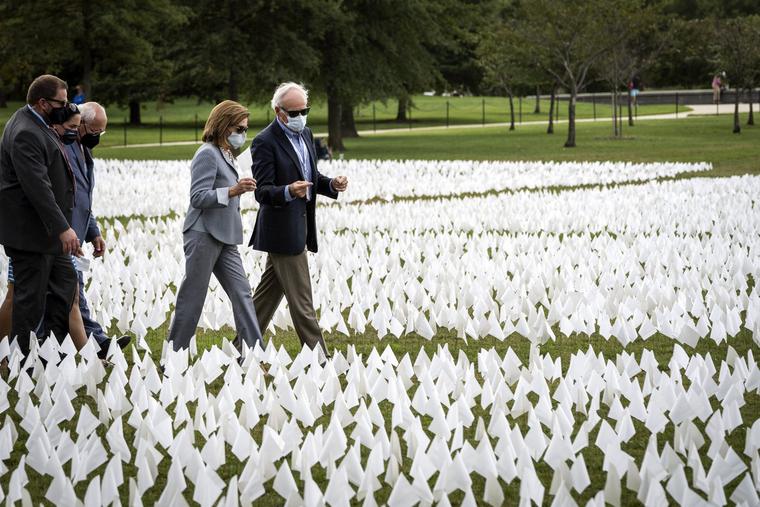 Speaker of the House Nancy Pelosi (D-CA) tours ‘In America: Remember,’ a public art installation on the National Mall in Washington, D.C., on Tuesday. The installation includes more than 660,000 small plastic flags — equal to the number of Americans who have died due to COVID-19 in the past 18 months, or the number of children killed through abortion in the U.S. in the past nine months. Speaker of the House Nancy Pelosi (D-CA) tours ‘In America: Remember,’ a public art installation on the National Mall in Washington, D.C., on Tuesday. The installation includes more than 660,000 small plastic flags — equal to the number of Americans who have died due to COVID-19 in the past 18 months, or the number of children killed through abortion in the U.S. in the past nine months.