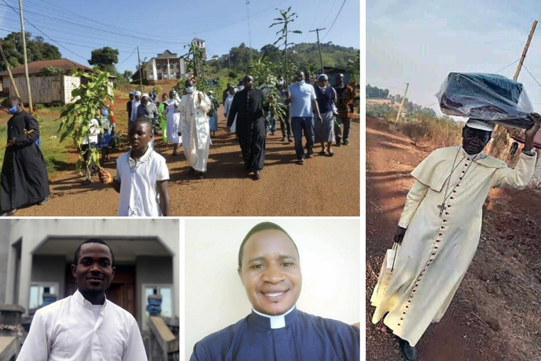 Bishop George Nkuo of Kumbo, Cameroon, leads a march for peace in Cameroon, Father Gaston Yuven Vershiyi, Deacon Doh Lawrence, and Bishop George Nkuo of Kumbo Cameroon travels with his Mass kit to celebrate Mass. Bishop George Nkuo of Kumbo, Cameroon, leads a march for peace in Cameroon, Father Gaston Yuven Vershiyi, Deacon Doh Lawrence, and Bishop George Nkuo of Kumbo Cameroon travels with his Mass kit to celebrate Mass.