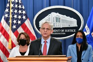 U.S. Attorney General Merrick Garland (c), Deputy Attorney General Lisa O. Monaco (l) and Associate Attorney General Vanita Gupta (r) hold a news conference to announce a lawsuit against Texas at the Department of Justice in Washington on Sept. 9. U.S. Attorney General Merrick Garland (c), Deputy Attorney General Lisa O. Monaco (l) and Associate Attorney General Vanita Gupta (r) hold a news conference to announce a lawsuit against Texas at the Department of Justice in Washington on Sept. 9.