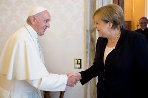 Pope Francis meets with Chancellor Angela Merkel of Germany at the Vatican on June 17, 2017. He is scheduled to meet with her for the fifth time on Oct. 7. Pope Francis meets with Chancellor Angela Merkel of Germany at the Vatican on June 17, 2017. He is scheduled to meet with her for the fifth time on Oct. 7.
