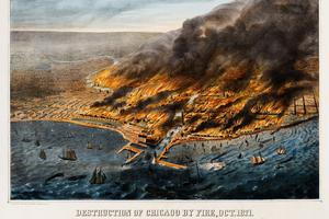 Above is an illustration of an aerial view of the Great Chicago Fire of 1871. The image shows a portion of the city on fire and ships and boats in Lake Michigan. Above is an illustration of an aerial view of the Great Chicago Fire of 1871. The image shows a portion of the city on fire and ships and boats in Lake Michigan.