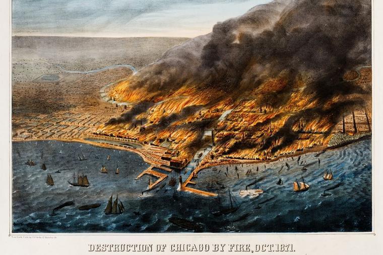 Above is an illustration of an aerial view of the Great Chicago Fire of 1871. The image shows a portion of the city on fire and ships and boats in Lake Michigan. Above is an illustration of an aerial view of the Great Chicago Fire of 1871. The image shows a portion of the city on fire and ships and boats in Lake Michigan.