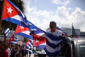 Cuban exiles rally at Versailles Restaurant in Miami's Little Havana in support of protesters in Cuba. Cuban exiles rally at Versailles Restaurant in Miami's Little Havana in support of protesters in Cuba.