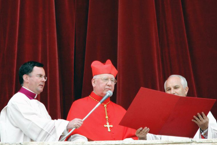 Cardinal Jorge Medina Estevez of Chile, the senior cardinal deacon, announces from the balcony of St Peter's Basilica the name of Germany's Joseph Ratzinger as the 265th pope of the Roman Catholic Church April 19, 2005 at the Vatican. Cardinal Jorge Medina Estevez of Chile, the senior cardinal deacon, announces from the balcony of St Peter's Basilica the name of Germany's Joseph Ratzinger as the 265th pope of the Roman Catholic Church April 19, 2005 at the Vatican.