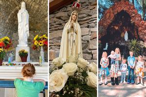 L to R: The Jaminet family makes time with Mother Mary a priority. Our Lady of Fatima is among the treasured titles of the Blessed Mother; the International Pilgrim Virgin Statue of Fatima made its way to EWTN for the First Saturday after the 40th anniversary of EWTN. The Tierney family enjoys visiting shrines dedicated to Our Lady of Lourdes. L to R: The Jaminet family makes time with Mother Mary a priority. Our Lady of Fatima is among the treasured titles of the Blessed Mother; the International Pilgrim Virgin Statue of Fatima made its way to EWTN for the First Saturday after the 40th anniversary of EWTN. The Tierney family enjoys visiting shrines dedicated to Our Lady of Lourdes.