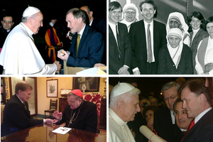 (T-L) David Amess with Pope Francis in 2015. (T-R) Sir David Amess on the far left next to Lord Alton with St. Teresa of Calcutta 1988. (B-L) Meeting with Cardinal Burke in 2015. (B-R) Sir David Amess meeting Benedict during the first visit of the All Party Parliamentary Group on the Holy See, March 2006. (T-L) David Amess with Pope Francis in 2015. (T-R) Sir David Amess on the far left next to Lord Alton with St. Teresa of Calcutta 1988. (B-L) Meeting with Cardinal Burke in 2015. (B-R) Sir David Amess meeting Benedict during the first visit of the All Party Parliamentary Group on the Holy See, March 2006.