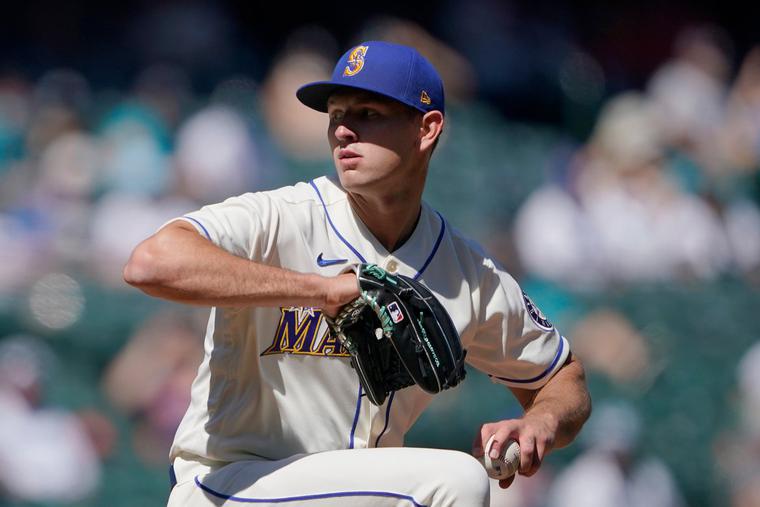 Seattle Mariners pitcher Nick Margevicius is shown in action during a baseball game against the Houston Astros on April 18 in Seattle. Seattle Mariners pitcher Nick Margevicius is shown in action during a baseball game against the Houston Astros on April 18 in Seattle.
