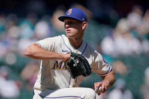 Seattle Mariners pitcher Nick Margevicius is shown in action during a baseball game against the Houston Astros on April 18 in Seattle. Seattle Mariners pitcher Nick Margevicius is shown in action during a baseball game against the Houston Astros on April 18 in Seattle.
