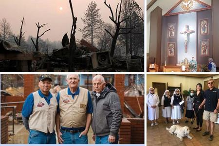 Clockwise from top left: The aftermath of the 2018 fire is seen in Paradise, California; Father Martin Ramat, the priest supervisor of St. Thomas More, is shown in the sanctuary, which survived the blaze; parish life today includes the blessing of pets ahead of the feast of St. Francis of Assisi; Jim Collins (c), grand knight of the parish Knights of Columbus council, stands with fellow members David Lemire (l) and Greg Kidder, the parish steward, in front of the gutted rectory. Clockwise from top left: The aftermath of the 2018 fire is seen in Paradise, California; Father Martin Ramat, the priest supervisor of St. Thomas More, is shown in the sanctuary, which survived the blaze; parish life today includes the blessing of pets ahead of the feast of St. Francis of Assisi; Jim Collins (c), grand knight of the parish Knights of Columbus council, stands with fellow members David Lemire (l) and Greg Kidder, the parish steward, in front of the gutted rectory.