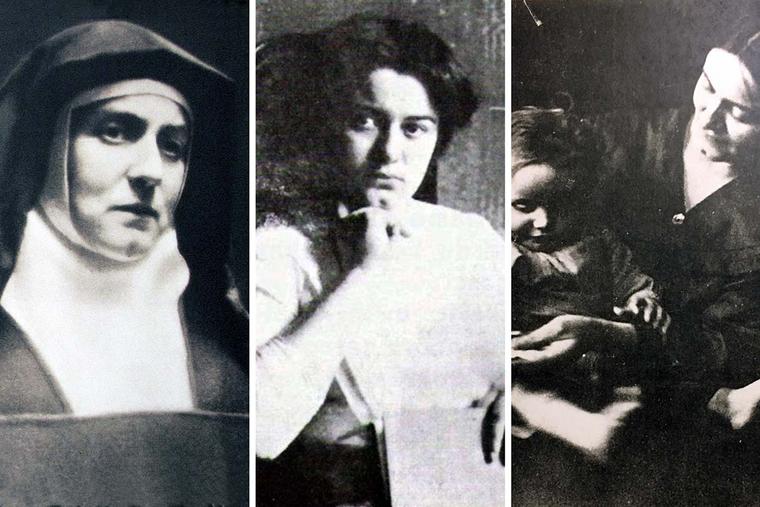 Left: The so-called “passport” photo taken in the doorway of the Cologne Carmel around 1938. Center: Edith Stein as a student in Breslau around 1913. Right: Edith Stein holding her niece; date unknown. Left: The so-called “passport” photo taken in the doorway of the Cologne Carmel around 1938. Center: Edith Stein as a student in Breslau around 1913. Right: Edith Stein holding her niece; date unknown.