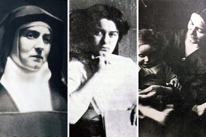 Left: The so-called “passport” photo taken in the doorway of the Cologne Carmel around 1938. Center: Edith Stein as a student in Breslau around 1913. Right: Edith Stein holding her niece; date unknown. Left: The so-called “passport” photo taken in the doorway of the Cologne Carmel around 1938. Center: Edith Stein as a student in Breslau around 1913. Right: Edith Stein holding her niece; date unknown.