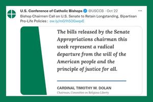 A USCCB tweet highlights an excerpt of a Oct. 22 statement about the federal budget bills. A USCCB tweet highlights an excerpt of a Oct. 22 statement about the federal budget bills.