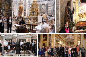 Clockwise from left: The choir sings inside the Basilica of St. Mary Major, Susie Lloyd poses for a picture, and the ensemble poses with Prince Prospero Colonna, in Palazzo Colonna, the ancestral home of Gen. Marcantonio Colonna, one of the few noblemen who answered the call of St. Pius V to fight in the Battle of Lepanto. Clockwise from left: The choir sings inside the Basilica of St. Mary Major, Susie Lloyd poses for a picture, and the ensemble poses with Prince Prospero Colonna, in Palazzo Colonna, the ancestral home of Gen. Marcantonio Colonna, one of the few noblemen who answered the call of St. Pius V to fight in the Battle of Lepanto.