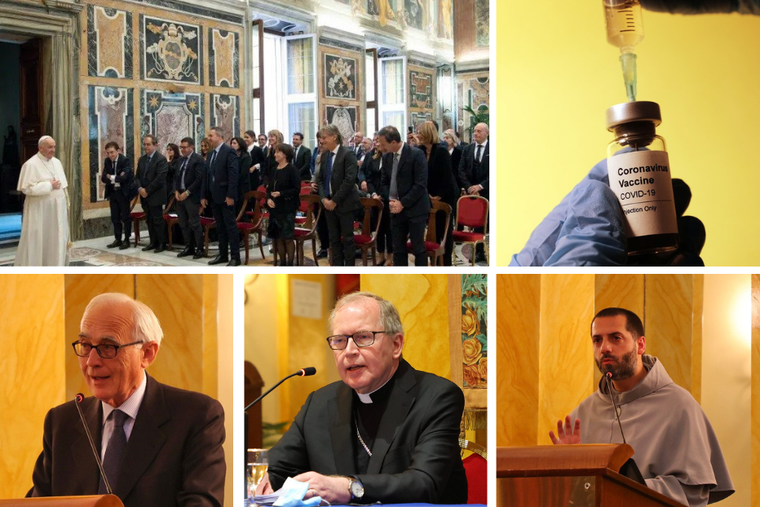 Clockwise from left: Pope Francis meets participants in a congress promoted by the Italian Society of Hospital Pharmacy and Pharmaceutical Services of Health Authorities at the Vatican Oct. 14. COVID vaccine being administered by a nurse. Father Serafino Lanzetta, a professor of dogmatic theology. Cardinal Wilhelm Eik speaking at Saturday's conference. Professor Roberto de Mattei, a lecturer in Church history at the European University of Rome Clockwise from left: Pope Francis meets participants in a congress promoted by the Italian Society of Hospital Pharmacy and Pharmaceutical Services of Health Authorities at the Vatican Oct. 14. COVID vaccine being administered by a nurse. Father Serafino Lanzetta, a professor of dogmatic theology. Cardinal Wilhelm Eik speaking at Saturday's conference. Professor Roberto de Mattei, a lecturer in Church history at the European University of Rome