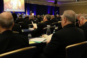Participants at the U.S. Conference of Catholic Bishops' 2019 spring general assembly pray together before the afternoon session, June 12, 2019. Participants at the U.S. Conference of Catholic Bishops' 2019 spring general assembly pray together before the afternoon session, June 12, 2019.