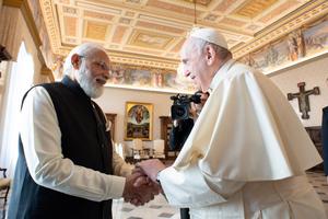 Pope Francis greets Indian Prime Minister Narendra Modi during a private audience Oct. 30 at the Vatican. Pope Francis greets Indian Prime Minister Narendra Modi during a private audience Oct. 30 at the Vatican.