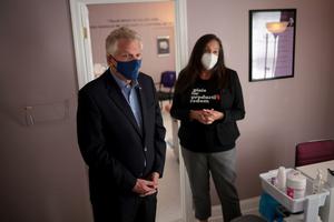 Former Virginia Gov. Terry McAuliffe, Democratic gubernatorial candidate for Virginia for a second term, tours the abortion facility, Whole Women's Health of Charlottesville, with managing director of the facility Jesse Torrey (R) September 9, 2021 in Charlottesville, Virginia. Former Virginia Gov. Terry McAuliffe, Democratic gubernatorial candidate for Virginia for a second term, tours the abortion facility, Whole Women's Health of Charlottesville, with managing director of the facility Jesse Torrey (R) September 9, 2021 in Charlottesville, Virginia.