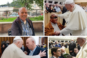 (Clockwise from Left) Antonio Carlos Tavares de Mello, Pope Francis blessing Felipe, Gustavo Brinholi and Pope Francis, and Pope Francis greeting Antonio. (Clockwise from Left) Antonio Carlos Tavares de Mello, Pope Francis blessing Felipe, Gustavo Brinholi and Pope Francis, and Pope Francis greeting Antonio.