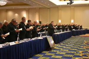 Members of the U.S. Conference of Catholic Bishops pray during their fall 2019 assembly in Baltimore, the last time they met in person. Members of the U.S. Conference of Catholic Bishops pray during their fall 2019 assembly in Baltimore, the last time they met in person.