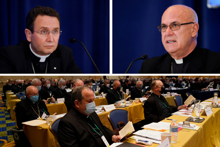 (Clockwise from left) Bishop Andrew Cozzens of tthe Archdiocese of Saint Paul and Minneapolis attends a news conference at the Fall General Assembly meeting of the United States Conference of Catholic Bishops, Wednesday, Nov. 17, 2021, in Baltimore. Bishop Kevin Rhoades of Fort Wayne-South Bend, Ind., speaks during a news conference. Bishop Manuel Cruz, front left, of Newark, N.J., reads scripture during a morning prayer. (Clockwise from left) Bishop Andrew Cozzens of tthe Archdiocese of Saint Paul and Minneapolis attends a news conference at the Fall General Assembly meeting of the United States Conference of Catholic Bishops, Wednesday, Nov. 17, 2021, in Baltimore. Bishop Kevin Rhoades of Fort Wayne-South Bend, Ind., speaks during a news conference. Bishop Manuel Cruz, front left, of Newark, N.J., reads scripture during a morning prayer.