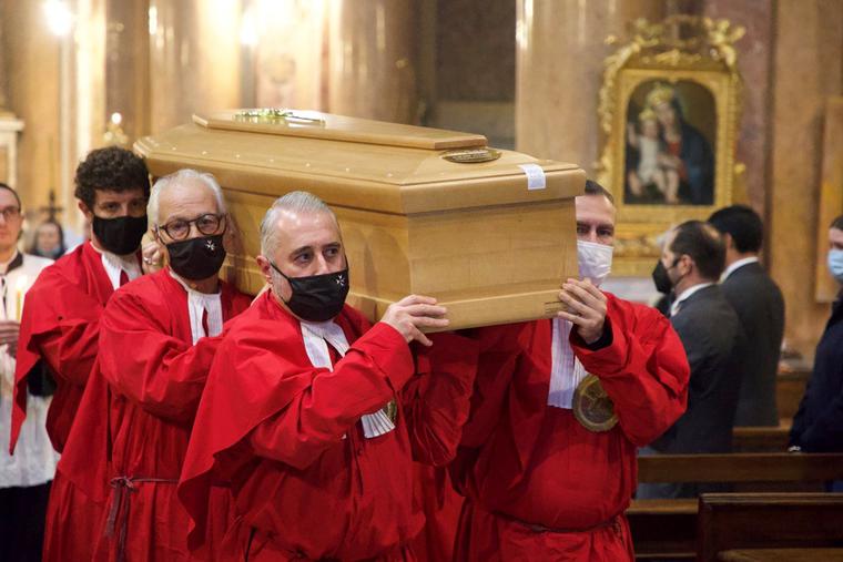 Pallbearers carry the casket of Gaetano Tinnirello during the funeral procession Nov. 18, 2021 inside Santissima Trinità dei Pellegrini (Most Holy Trinity of the Pilgrims) in Rome. Pallbearers carry the casket of Gaetano Tinnirello during the funeral procession Nov. 18, 2021 inside Santissima Trinità dei Pellegrini (Most Holy Trinity of the Pilgrims) in Rome.