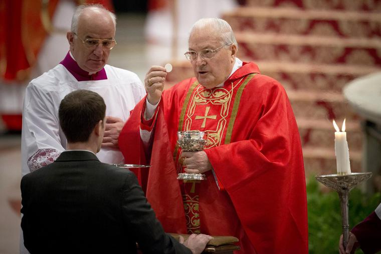 Cardinal Angelo Sodano distributes Holy Communion during the "Pro Eligendo Pontifice" Mass, or the Mass for the election of a new pope, in St. Peter's Basilica on March 12, 2013, before entering the Sistine Chapel for the papal conclave. Cardinal Angelo Sodano distributes Holy Communion during the "Pro Eligendo Pontifice" Mass, or the Mass for the election of a new pope, in St. Peter's Basilica on March 12, 2013, before entering the Sistine Chapel for the papal conclave.