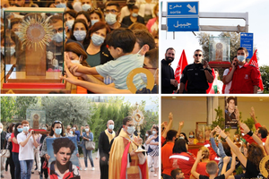 (Clockwise L-R) A child reaches out to touch a relic during a procession. Maronite Father Martin Eid, organizer of the Blessed Carlo Acutis relics tour, with Caritas Lebanon Youth, making a spontaneous stop on the coastal highway. Maronite Father Elie Semaan leads the procession of the Blessed Carlo Acutis relics at Resurrection Cathedral. (Clockwise L-R) A child reaches out to touch a relic during a procession. Maronite Father Martin Eid, organizer of the Blessed Carlo Acutis relics tour, with Caritas Lebanon Youth, making a spontaneous stop on the coastal highway. Maronite Father Elie Semaan leads the procession of the Blessed Carlo Acutis relics at Resurrection Cathedral.