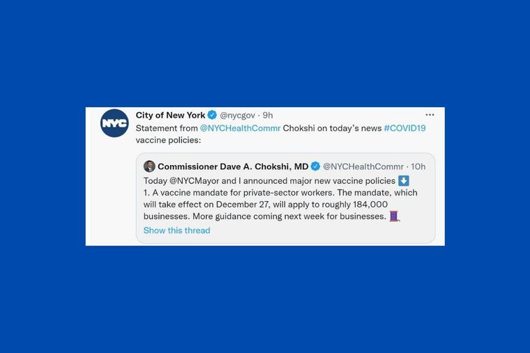 The city of New York expanded its COVID-19 vaccine mandate Dec. 6 to the private sector. The city of New York expanded its COVID-19 vaccine mandate Dec. 6 to the private sector.