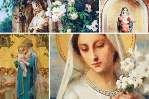 Clockwise from top left: ‘Our Lady of the Roses’ by Simon Saint-Jean; ‘Our Lady of the Sacred Heart’ by Antonio Ciseri; ‘Virgin Mary With Lilies’ by Étienne Azambre; and ‘Madonna and Child’ by Enric Monserday Vidal Clockwise from top left: ‘Our Lady of the Roses’ by Simon Saint-Jean; ‘Our Lady of the Sacred Heart’ by Antonio Ciseri; ‘Virgin Mary With Lilies’ by Étienne Azambre; and ‘Madonna and Child’ by Enric Monserday Vidal