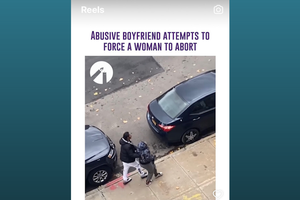 A man pulls a woman, attempting to force her to have an abortion.