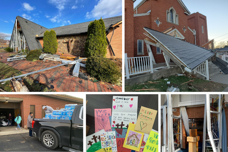 Clockwise from L-R: Local Catholics rally to assist in the wake of the natural disaster. The damage is seen at Resurrection parish in Dawson Springs, St. Joseph's Church in Mayfield and another view of the Church of the Resurrection. Heartfelt cards written by Catholic students lift spirits; and parishioners and volunteers unload water to distribute. Clockwise from L-R: Local Catholics rally to assist in the wake of the natural disaster. The damage is seen at Resurrection parish in Dawson Springs, St. Joseph's Church in Mayfield and another view of the Church of the Resurrection. Heartfelt cards written by Catholic students lift spirits; and parishioners and volunteers unload water to distribute.