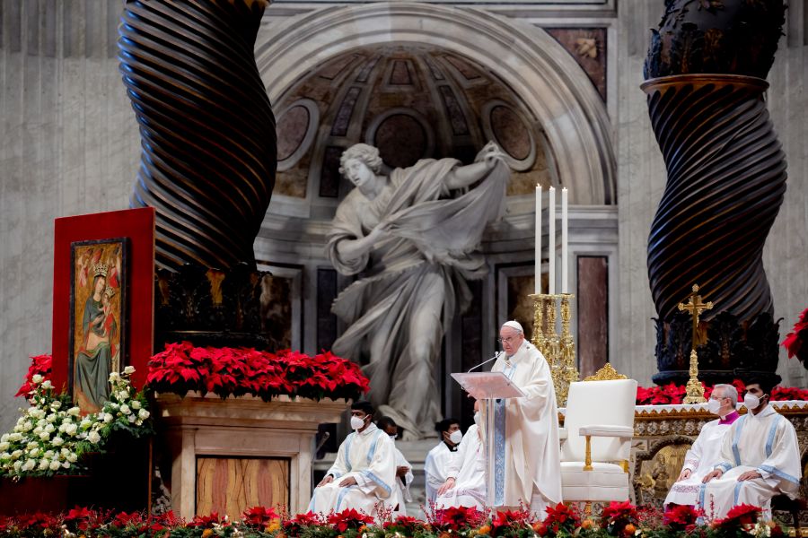 Pope Francis offers Mass for the Solemnity of Mary, Mother of God in St. Peter's Basilica on January 1, 2022. Pope Francis offers Mass for the Solemnity of Mary, Mother of God in St. Peter's Basilica on January 1, 2022.