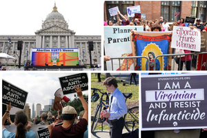 (Clockwise from L) San Francisco state house during West Coast Walk for Life, pro-life protest in New York City, pro-life rally in Richmond, Va., a man prays the rosary outside Supreme Court, and a pro-life rally in Austin, Texas. (Clockwise from L) San Francisco state house during West Coast Walk for Life, pro-life protest in New York City, pro-life rally in Richmond, Va., a man prays the rosary outside Supreme Court, and a pro-life rally in Austin, Texas.