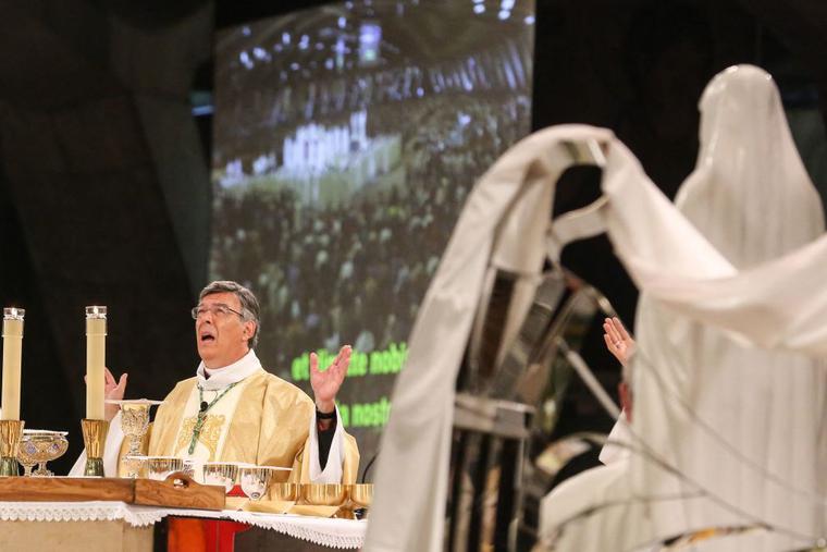 Former Archbishop of Paris Michel Aupetit leads a mass which brought together 9000 pilgrims in the Pie X basilica to commemorate the Assumption of the Virgin Mary on August 15, 2021 in Lourdes, southern France. Former Archbishop of Paris Michel Aupetit leads a mass which brought together 9000 pilgrims in the Pie X basilica to commemorate the Assumption of the Virgin Mary on August 15, 2021 in Lourdes, southern France.