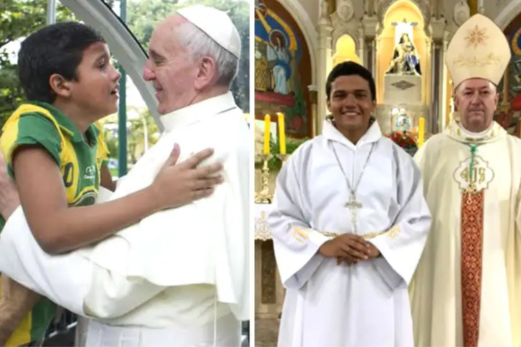 L to R: Nathan de Brito and Pope Francis at World Youth Day 2013; Nathan de Brito and Bishop Joaquim Wladimir Lopes Dias in 2021. L to R: Nathan de Brito and Pope Francis at World Youth Day 2013; Nathan de Brito and Bishop Joaquim Wladimir Lopes Dias in 2021.