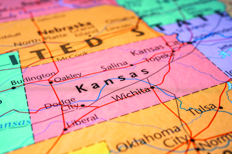 Kansas is shown on a U.S. map. Kansas is shown on a U.S. map.