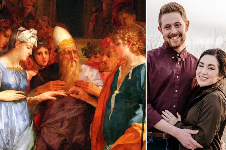 LEFT: Rosso Fiorentino, “Marriage of the Virgin Mary and St. Joseph,” 1523. RIGHT: Sam and Casey Shays. LEFT: Rosso Fiorentino, “Marriage of the Virgin Mary and St. Joseph,” 1523. RIGHT: Sam and Casey Shays.