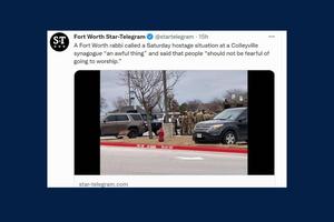 The synagogue had been livestreaming a Shabbat service when the hostage-taker entered the building on Saturday, Jan. 15. A scene showing law enforcement during the tense situation was tweeted by the ‘Fort Worth Star-Telegram’ on Saturday. The synagogue had been livestreaming a Shabbat service when the hostage-taker entered the building on Saturday, Jan. 15. A scene showing law enforcement during the tense situation was tweeted by the ‘Fort Worth Star-Telegram’ on Saturday.
