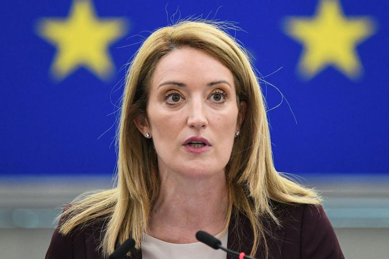 Roberta Metsola addresses a plenary session at the European Parliament in Strasbourg, France, on Jan. 19. Roberta Metsola addresses a plenary session at the European Parliament in Strasbourg, France, on Jan. 19.