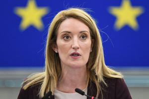Roberta Metsola addresses a plenary session at the European Parliament in Strasbourg, France, on Jan. 19. Roberta Metsola addresses a plenary session at the European Parliament in Strasbourg, France, on Jan. 19.