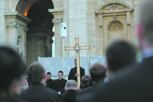 Above, seminarians from the North American College in Rome pray the Rosary in St. Peter’s Square on March 13, 2016. Above, seminarians from the North American College in Rome pray the Rosary in St. Peter’s Square on March 13, 2016.
