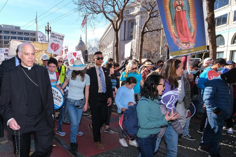 Archbishop Salvatore Cordileone walks with marchers during the Walk for Life West Coast praying the Rosary Jan. 22, 2022 in San Francisco. Archbishop Salvatore Cordileone walks with marchers during the Walk for Life West Coast praying the Rosary Jan. 22, 2022 in San Francisco.