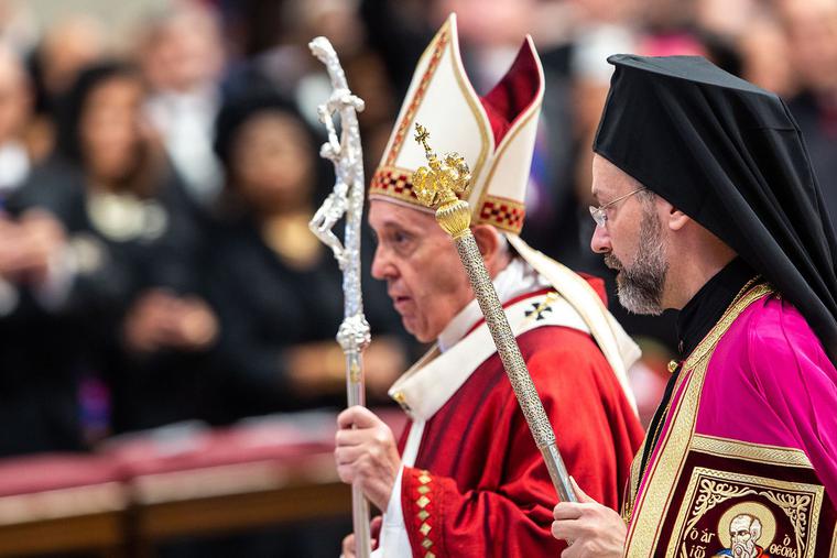 Pope Francis with Job of Telmessos, Eastern Orthodox Archbishop of the Ecumenical Patriarchate of Constantinople during the Solemnity of Saints Peter and Paul in St. Peter's Basilica at Vatican City, June 29, 2019. Pope Francis with Job of Telmessos, Eastern Orthodox Archbishop of the Ecumenical Patriarchate of Constantinople during the Solemnity of Saints Peter and Paul in St. Peter's Basilica at Vatican City, June 29, 2019.